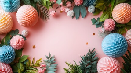 Wall Mural - Colorful party decorations with paper pompoms and foliage on a pink background for celebration