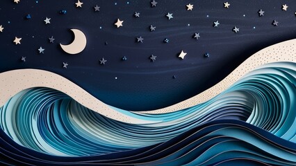 Wall Mural - a paper drawing of a wave with a moon and stars in the background