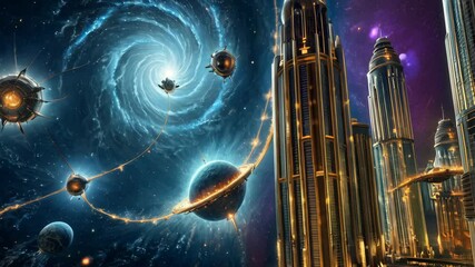 stunning cosmic exploration of swirling galaxy and futuristic architecture, featuring vibrant colors