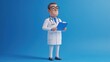 © Vikarest - 3d render, cartoon character smart trustworthy doctor wears glasses and holds blue clipboard. Professional caucasian male specialist. Medical clip art isolated on blue background. Hospital assistant