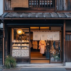 Poster - small clothing shop front in Inuyama City, with traditional kimono displays in the window and a welcoming entrance,