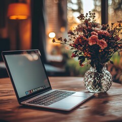 Poster - laptop with its screen turned off, placed on a rustic table, with a vase of flowers blurred softly in the background, creating a cozy atmosphere