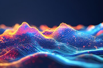 Fototapete - Abstract digital landscape with glowing particles.