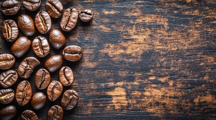 Sticker - Freshly roasted coffee beans scattered on a rustic wooden surface creating an inviting aroma