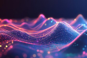 Poster - Abstract glowing digital landscape with vibrant particles and waves.