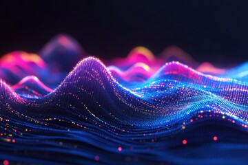 Poster - abstract colorful glowing wave particles.