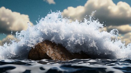 Wall Mural - pouring water movement dynamic. a powerful wave crashes over a rocky outcrop in a serene ocean setti