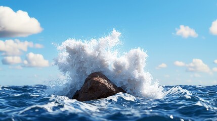 Wall Mural - pouring water movement dynamic. a rocky outcrop emerges from vibrant blue waters, with waves crashin