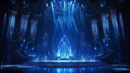Poster - Futuristic stage design with blue lighting and ornate architecture.