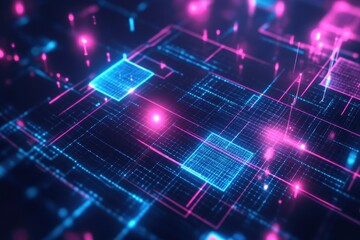 Fototapete - Abstract digital network, glowing lines and nodes.