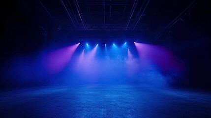 Fototapete - Neon laser beams and spotlights illuminate the dark stage, casting a blue and purple glow over the empty scene, while smoke rises from the asphalt floor, setting the stage for product displays