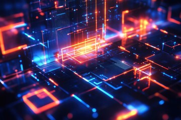 Poster - Abstract digital network glowing with orange and blue neon lights.
