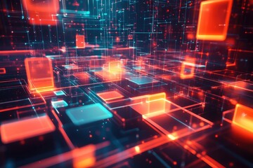 Poster - abstract digital landscape with glowing red and blue cubes and lines.