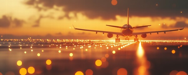 Airplane Preparing for Takeoff at Dawn with Runway Lights Illuminating Path