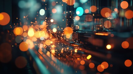 Poster - Automated Factory Assembly Line with Sparks and Colorful Lights