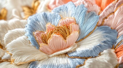 Wall Mural - A close-up of a peony embroidery in 3D soft embossed hot stamping.