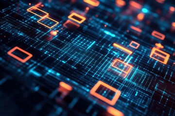 Fototapete - Abstract digital network with glowing orange and blue squares.