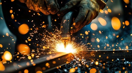 Poster - view of a welder using a plasma cutter to slice through a thick metal sheet.