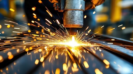 Poster - view of a welder using a plasma cutter to slice through a thick metal sheet.