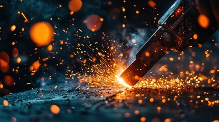Poster - view of a welder using a plasma cutter to slice through a thick metal sheet.