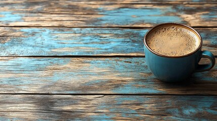 Poster - Warm coffee in a blue cup resting on a rustic wooden table with vibrant colors