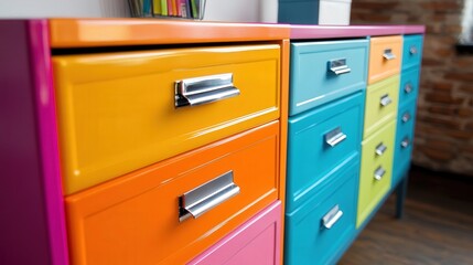 Aufkleber - colorful filing cabinet with bold hues, adding personality to an otherwise neutral office.