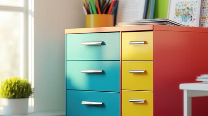 Aufkleber - colorful filing cabinet with bold hues, adding personality to an otherwise neutral office.