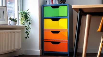 Aufkleber - colorful filing cabinet with bold hues, adding personality to an otherwise neutral office.