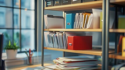 Poster - compact document shelf in a small office, designed to store important files and paperwork.
