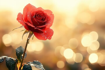 Canvas Print - Single red rose with dew drops at sunset.