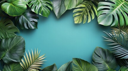 Wall Mural - Lush green foliage framing a tranquil blue background with tropical leaves