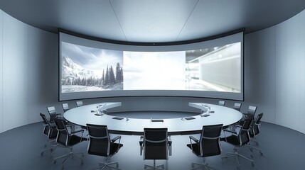 Poster - A curved projection screen in a large meeting room, offering an immersive viewing experience for audiences.