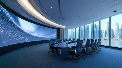 Wall Mural - A curved projection screen in a large meeting room, offering an immersive viewing experience for audiences.