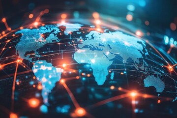Poster - Global network connections illustrated on a digital world map.