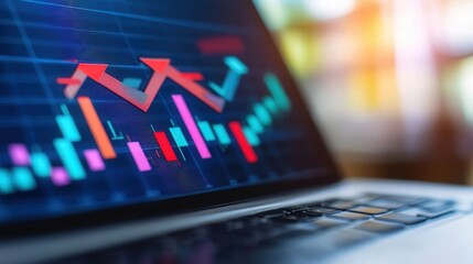 Poster - design a stock market thumbnail with a professional atmosphere, showing a close-up of a laptop displ