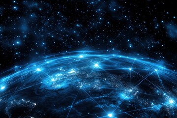 Fototapete - Global network connection, earth at night, glowing lines.
