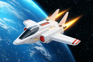 Poster - A clean flat design of a futuristic spacecraft hovering over a planetary surface, rendered in soft gradients