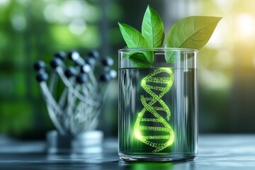 Leinwandbilder - A clean icon of a test tube containing a glowing green leaf with DNA strands integrated into its design