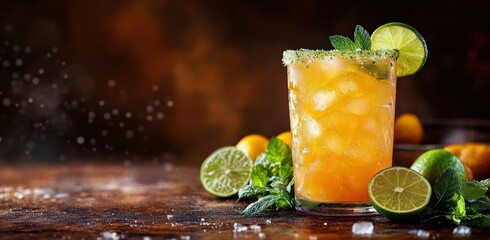 Canvas Print - Refreshing mint cocktail with lime and vibrant garnish served in a glass