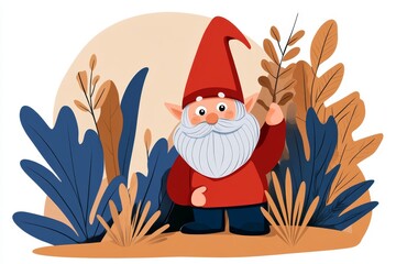 Aufkleber - A conceptual flat design of a gnome peeking out from behind a plant, with clean lines and a playful color palette