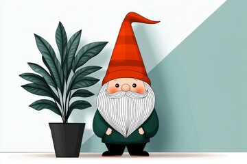 Poster - A conceptual flat design of a gnome peeking out from behind a plant, with clean lines and a playful color palette
