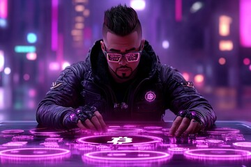 Poster - A cyberpunk forex trading scene with glowing neon charts, holographic screens, and a trader surrounded by digital currency symbols