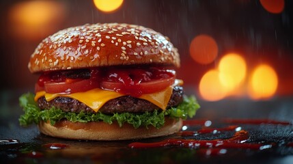 Wall Mural - Delicious cheeseburger with fresh toppings and contrasting background lights