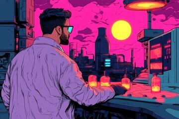 Poster - A dark scene of a futuristic scientist working in a gothic-inspired lab, with glowing potions and mysterious technology
