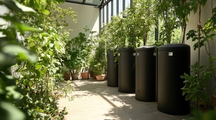 Wall Mural - Indoor Greenery with Black Storage Containers and Abundant Plants