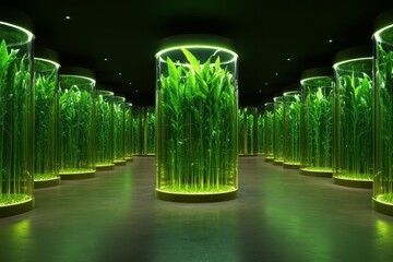 Poster - A futuristic lab featuring transparent chambers where GMO crops are growing under controlled conditions with LED lighting