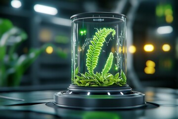 Poster - A futuristic lab scene with a holographic interface showing a genetic map, surrounded by glowing samples of GMO plants