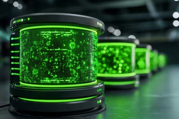 Poster - A futuristic laboratory setup showing GMO bacteria glowing in multiple petri dishes, each connected to data analysis displays
