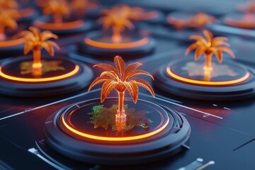 Poster - A futuristic laboratory setup showing GMO bacteria glowing in multiple petri dishes, each connected to data analysis displays