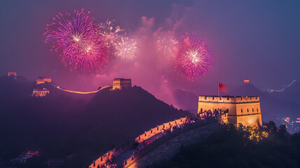 Wall Mural - A panoramic view of fireworks bursting over the Great Wall of China creating a dramatic and cultural spectacle.